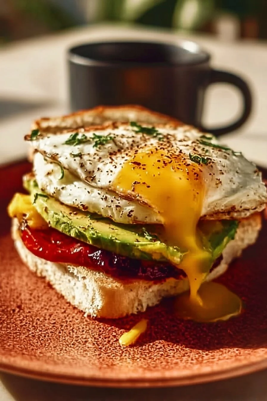 Delicious Mediterranean breakfast sandwich with fresh ingredients and spices.