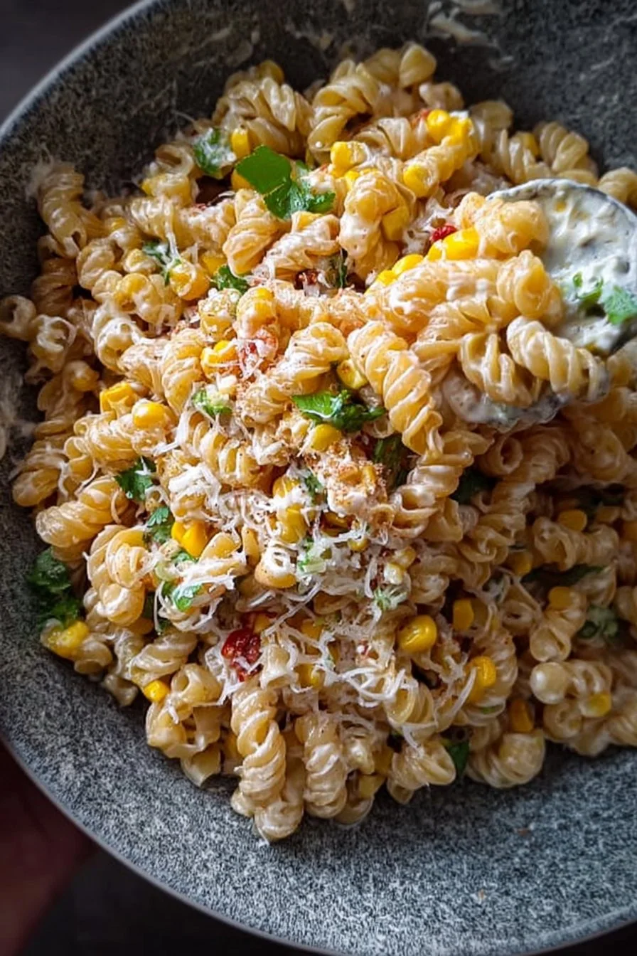 Colorful Mexican Street Corn Pasta Salad with fresh ingredients and vibrant toppings.