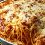 Baked Million Dollar Spaghetti topped with cheese and herbs for family dinners