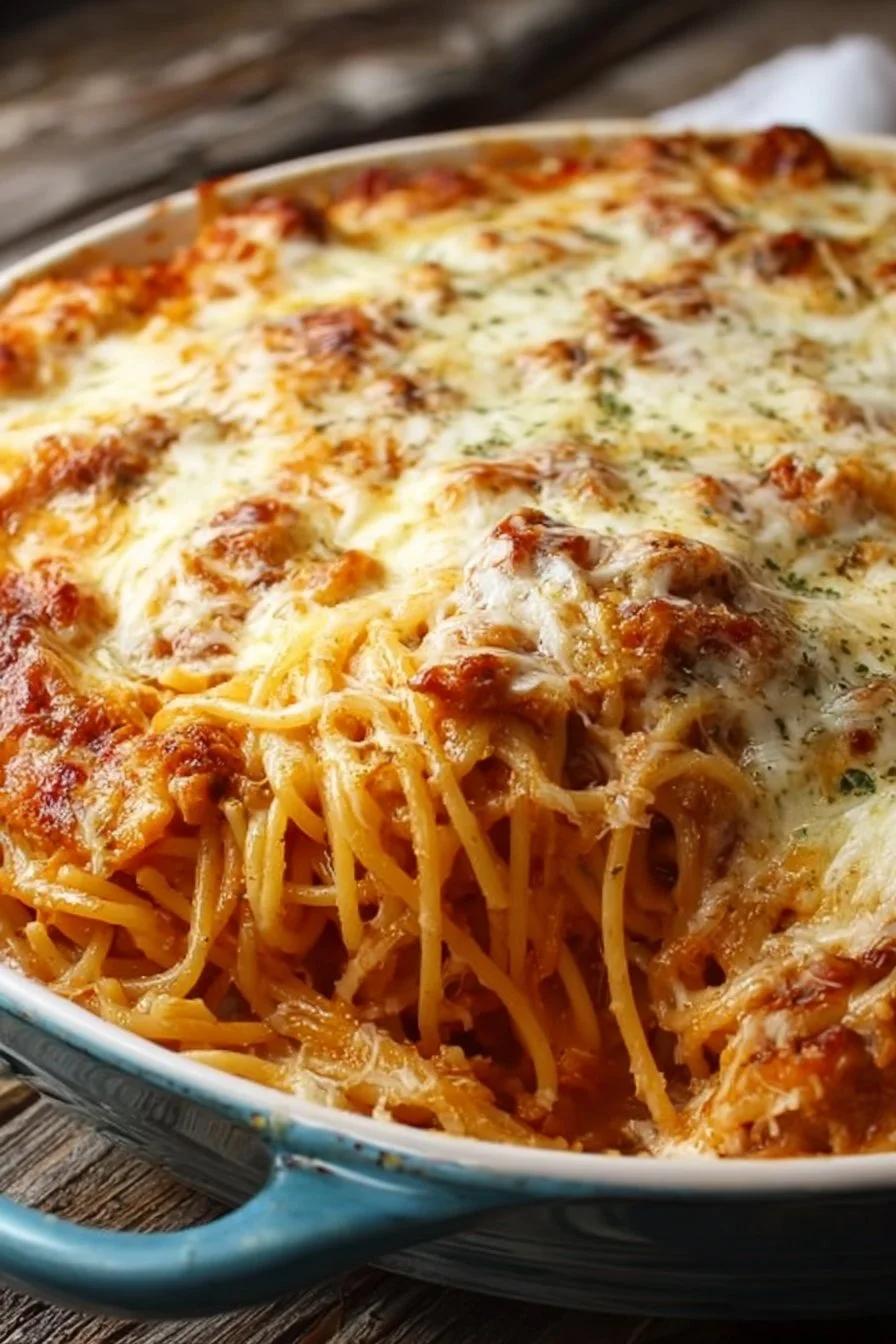 Baked Million Dollar Spaghetti topped with cheese and herbs for family dinners