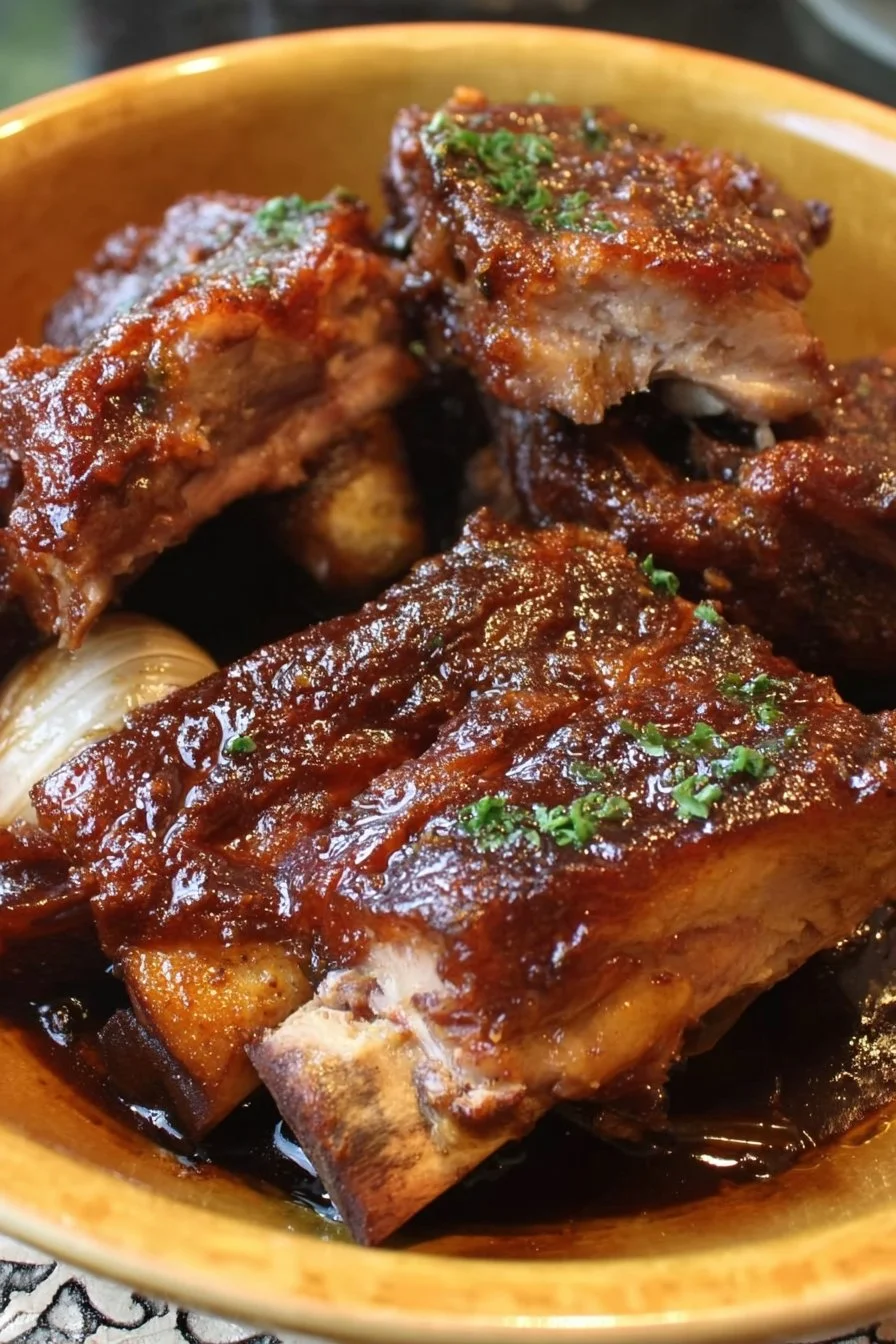 Delicious mini crock pot ribs served on a plate.