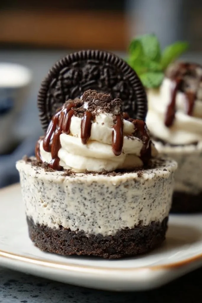 Gluten-free and dairy-free mini Oreo cheesecakes topped with Oreo cookies
