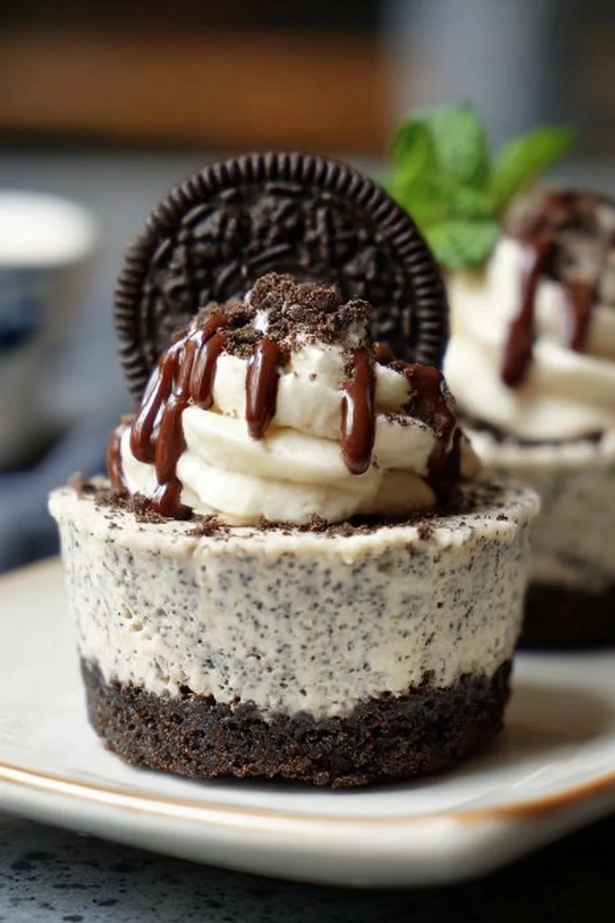 Gluten-free and dairy-free mini Oreo cheesecakes topped with Oreo cookies