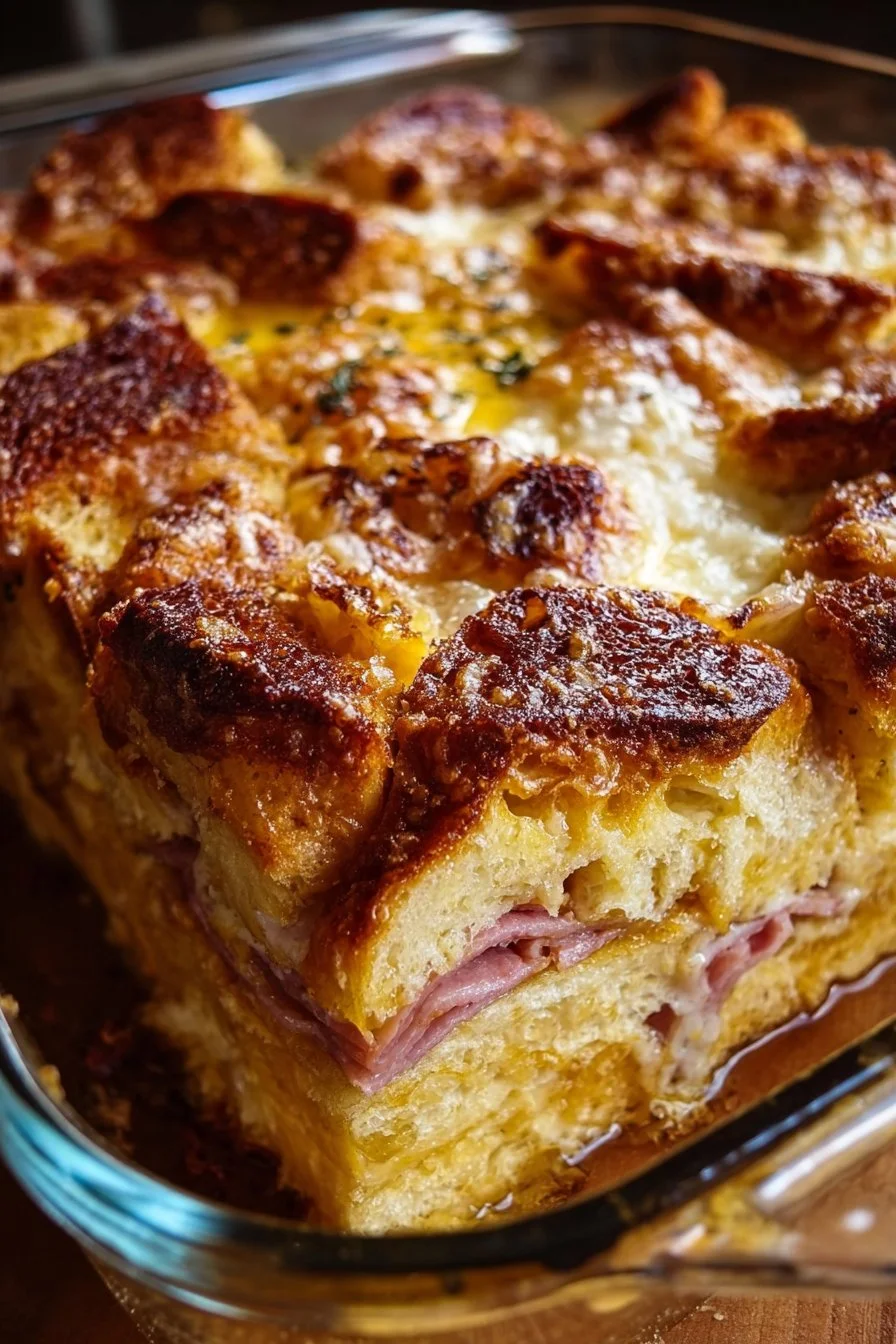 Delicious Monte Cristo breakfast casserole with ham and cheese