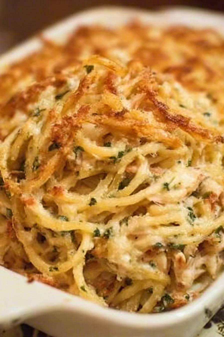 Delicious Monterey Chicken Spaghetti Casserole served in a baking dish