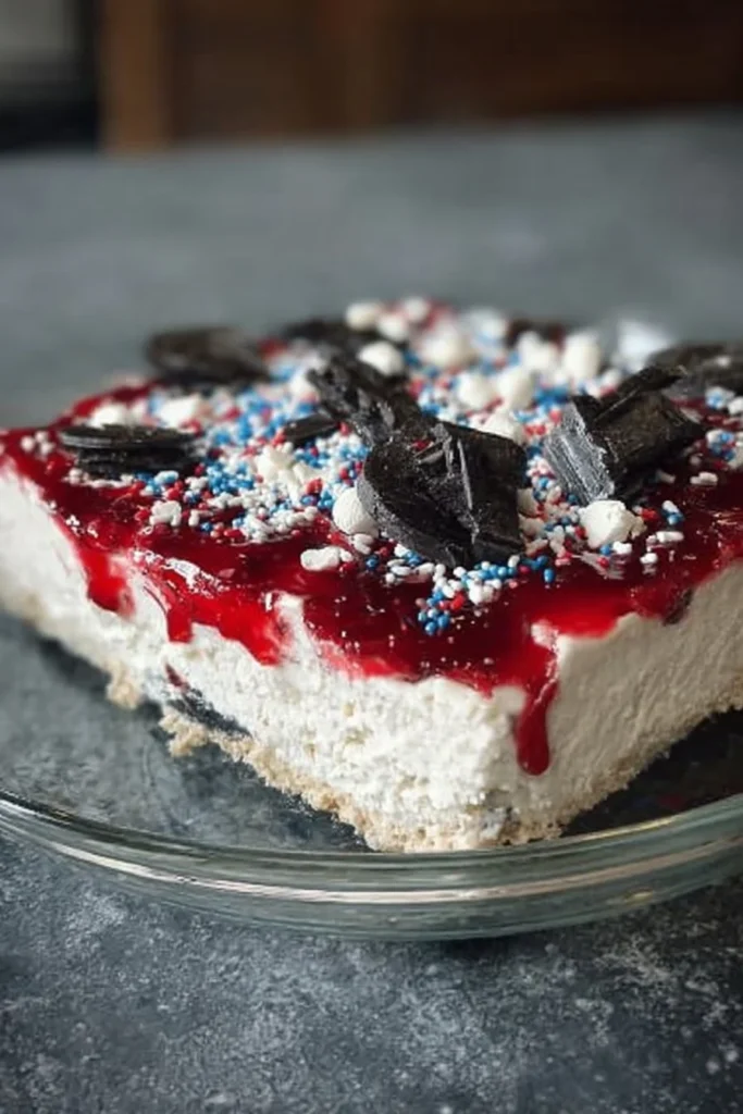 Delicious No Bake Fireworks Cheesecake topped with colorful sprinkles