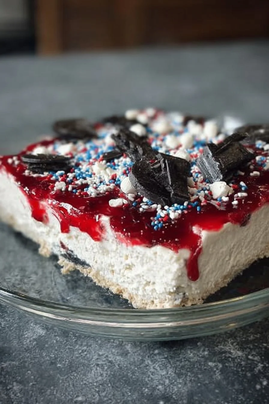 Delicious No Bake Fireworks Cheesecake topped with colorful sprinkles