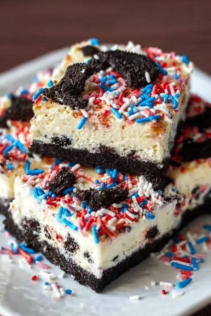 No Bake Fireworks Oreo Cheesecake Bars with chocolate and colorful toppings