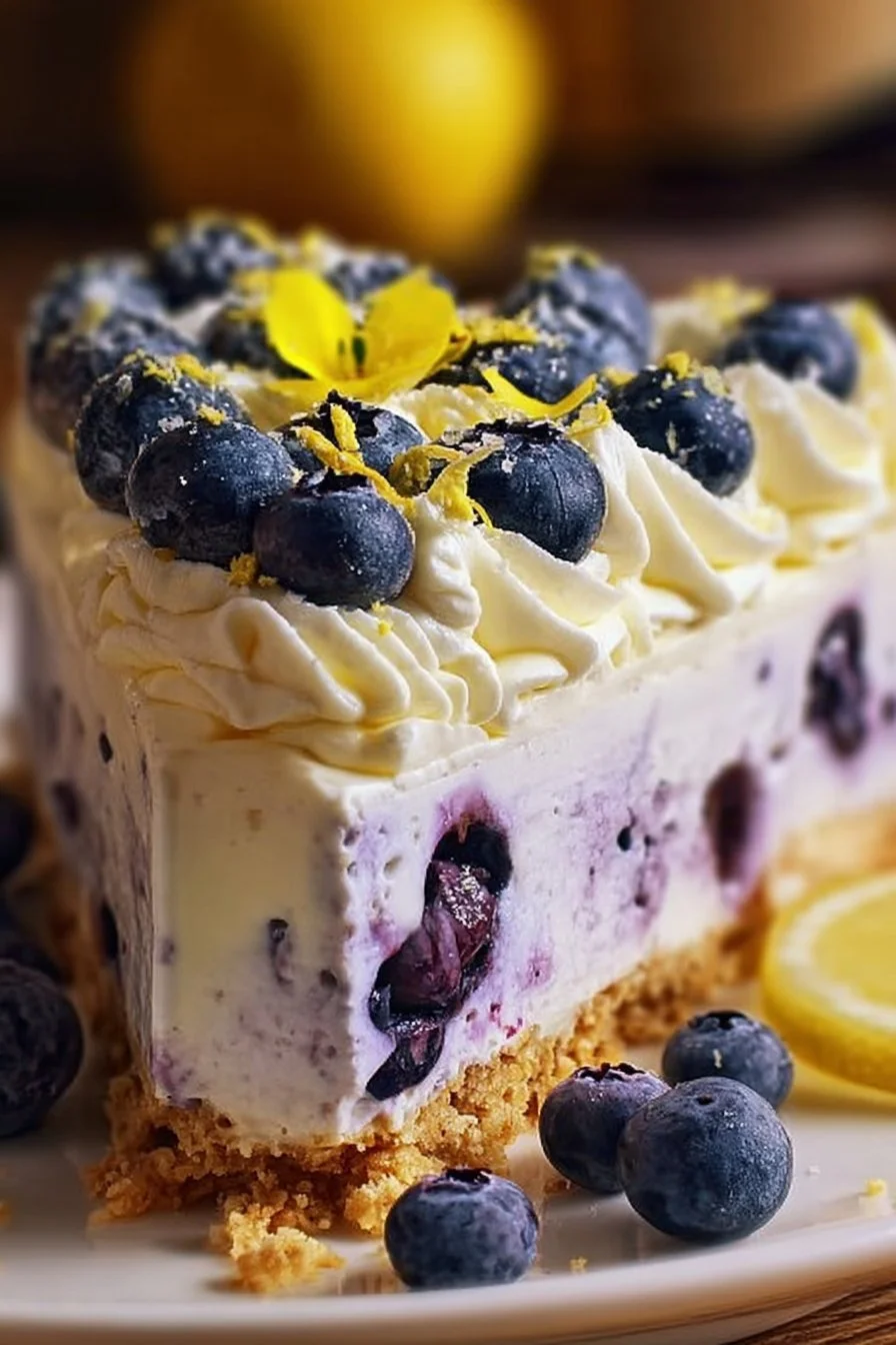 Delicious no-bake lemon blueberry cheesecake topped with fresh blueberries.
