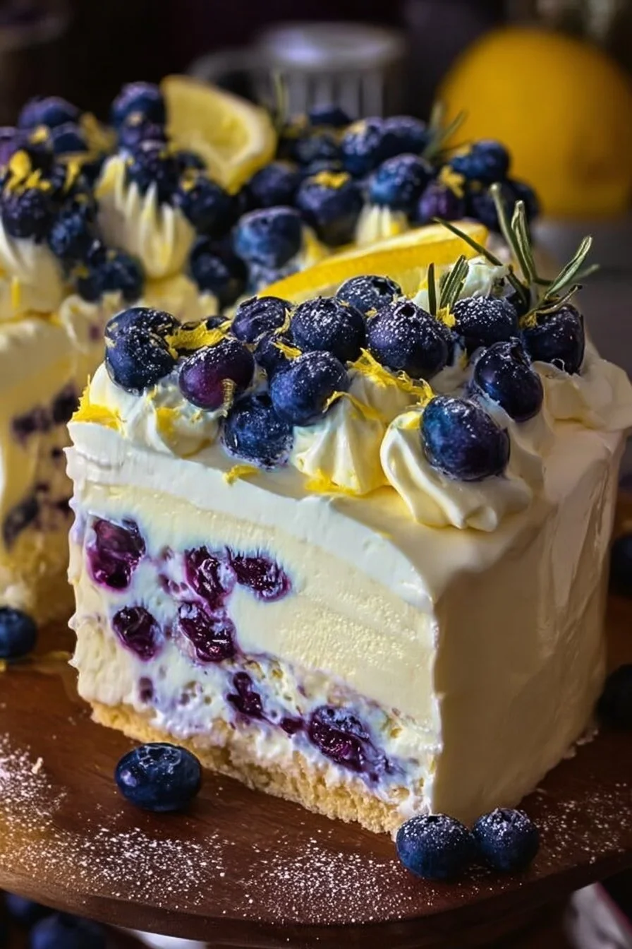 No-Bake Lemon Blueberry Cream Cake with fresh lemon and blueberries