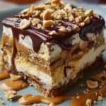 Delicious no-bake peanut butter lasagna served in a dessert dish
