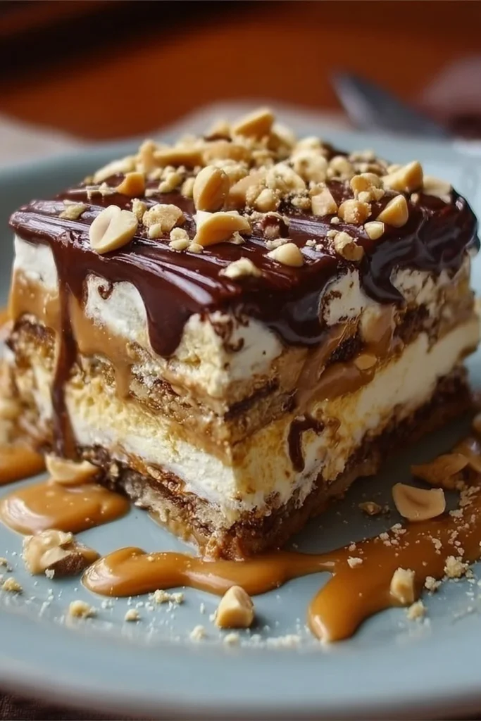 Delicious no-bake peanut butter lasagna served in a dessert dish