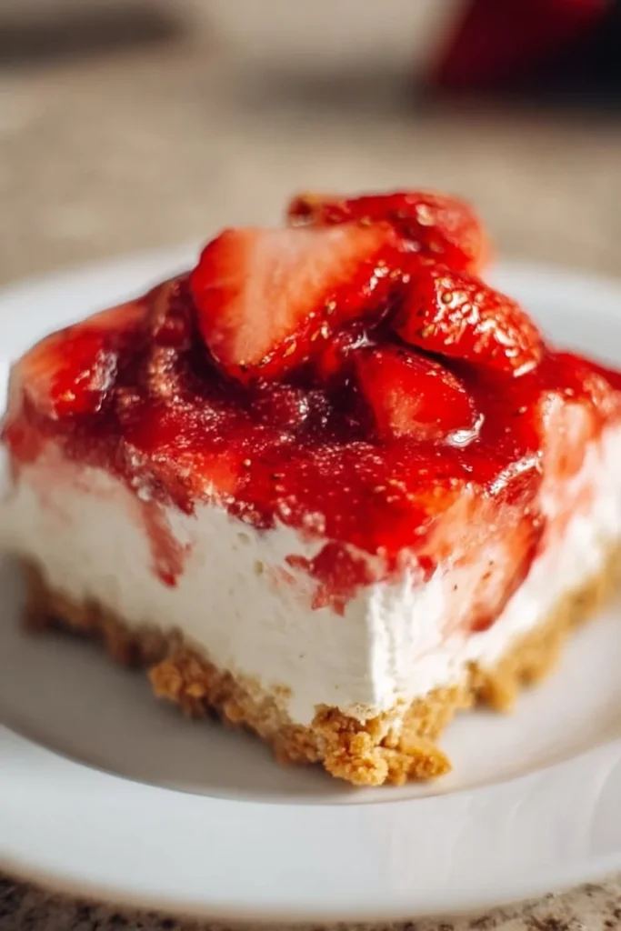 Delicious no-bake strawberry dessert with fresh strawberries and whipped cream.