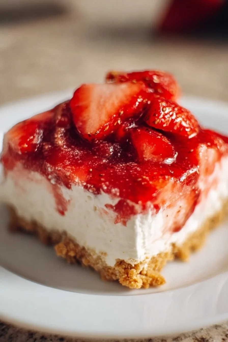 Delicious no-bake strawberry dessert with fresh strawberries and whipped cream.