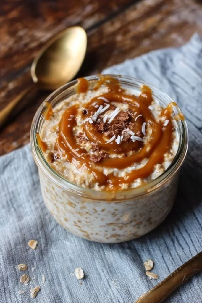Bowl of no-cook caramel oatmeal topped with caramel sauce and nuts.