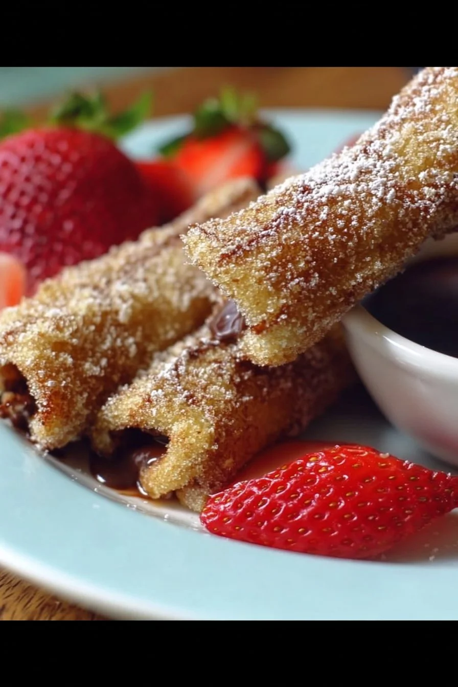 Nutella French Toast Roll Ups served on a plate, topped with powdered sugar.