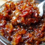 Homemade Onion Bacon Jam served in a jar with fresh ingredients