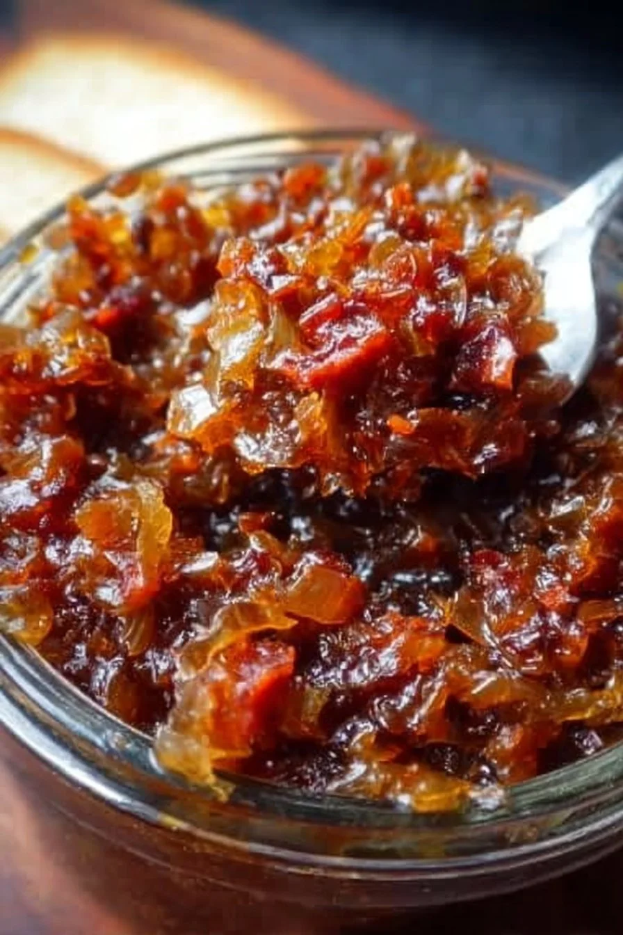 Homemade Onion Bacon Jam served in a jar with fresh ingredients