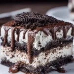 Delicious layered Oreo Lasagna dessert with chocolate and cream filling