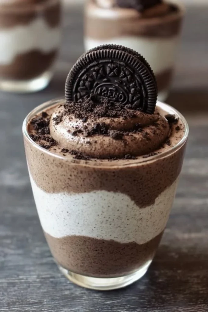 Decadent Oreo Mousse dessert in a glass with crushed Oreos on top