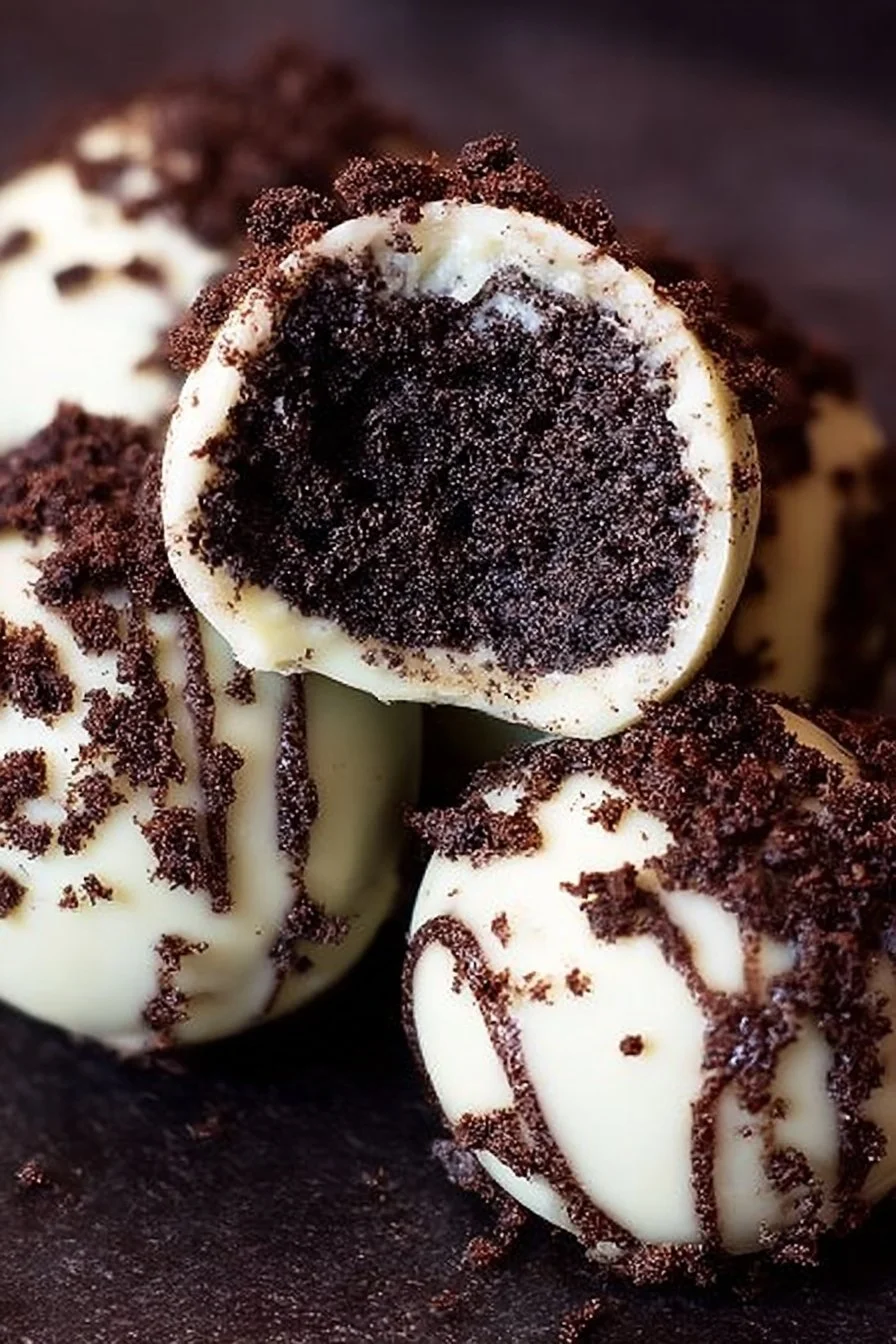 Decadent Oreo Truffles topped with chocolate sprinkles on a white plate
