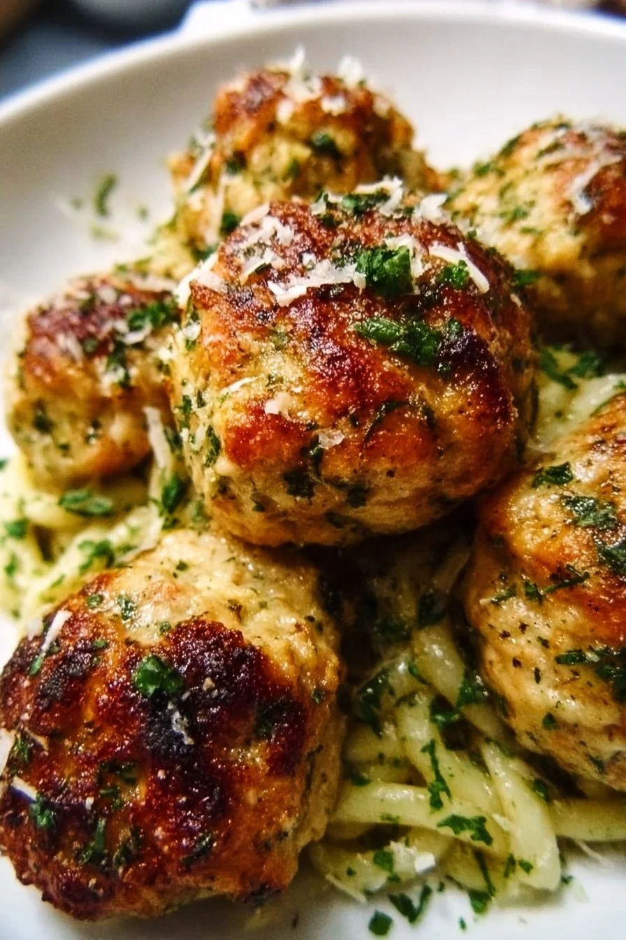 Delicious Parmesan-loaded baked chicken meatballs on a serving plate