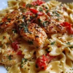 Parmesan roasted chicken with red pepper and bowties in garlic cream sauce