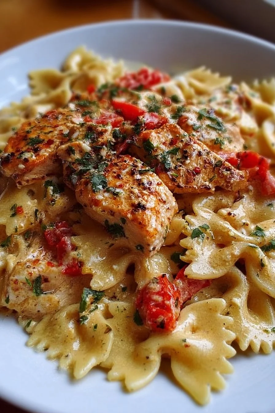 Parmesan roasted chicken with red pepper and bowties in garlic cream sauce
