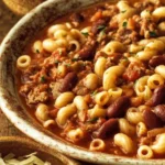 A bowl of Pasta and Beans garnished with herbs and served hot.