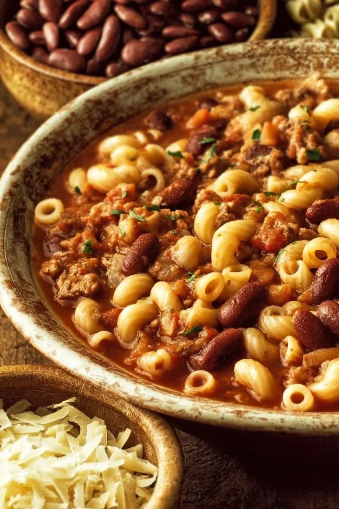 A bowl of Pasta and Beans garnished with herbs and served hot.