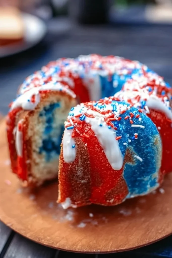 Delicious Patriotic Bundt Cake decorated with red, white, and blue frosting