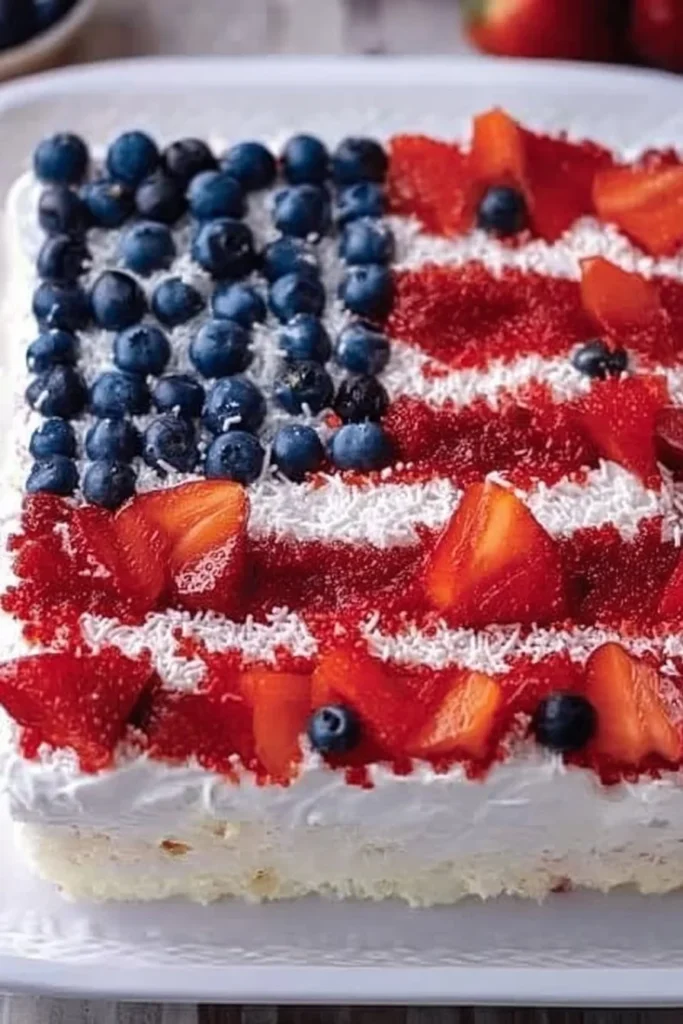 Patriotic Poke Cake topped with colorful frosting and berries for a festive look.