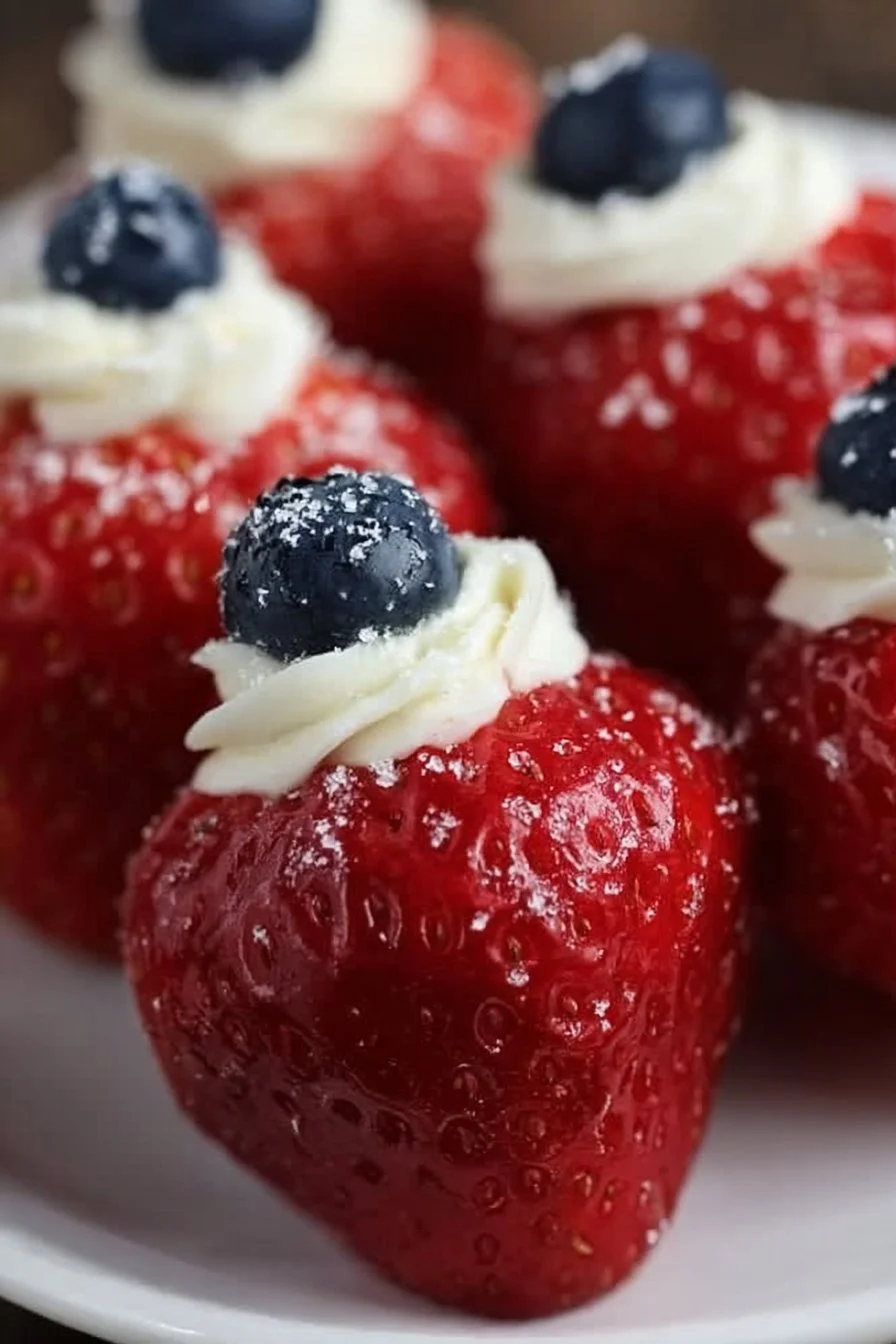 Patriotic stuffed strawberries filled with cream and decorated for celebrations