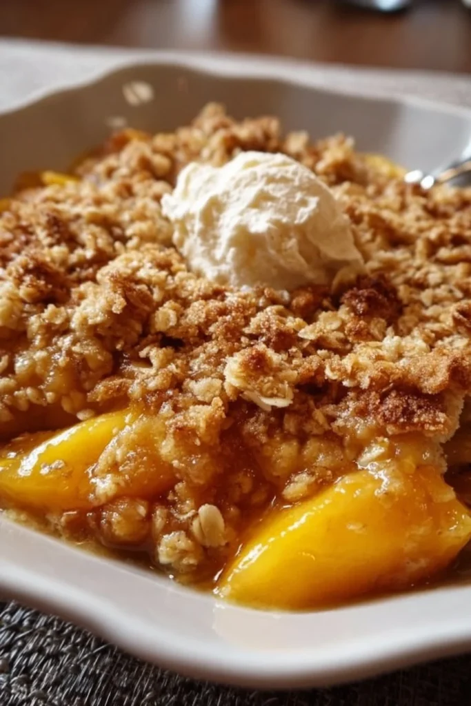 Delicious Peach Cobbler with Oatmeal Topping served in a colorful dish