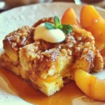 Delicious Peaches and Cream Baked French Toast topped with fresh peaches and cream