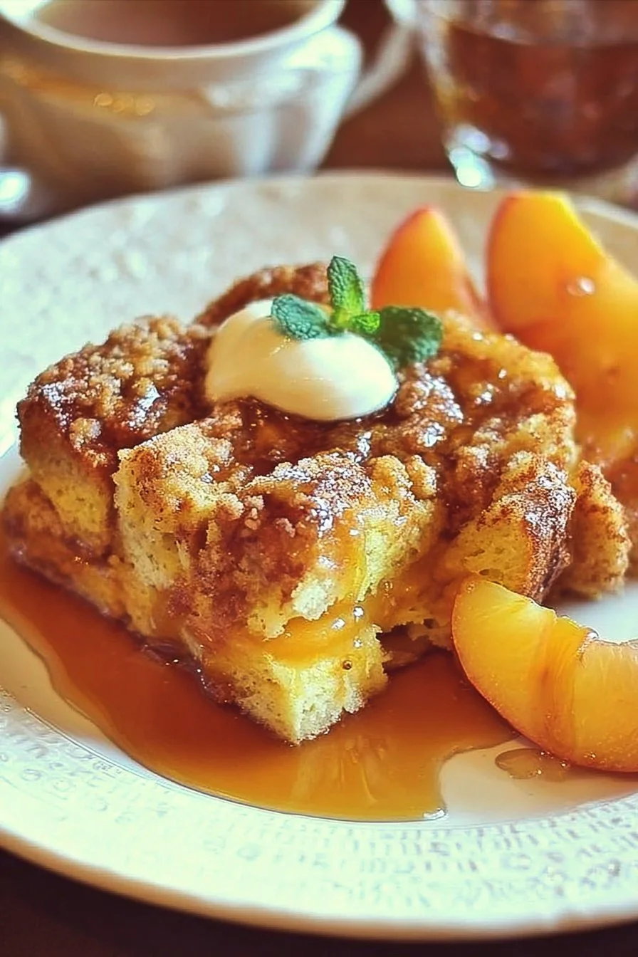 Delicious Peaches and Cream Baked French Toast topped with fresh peaches and cream