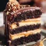 Delicious peanut butter chocolate layer cake with rich chocolate frosting and layers