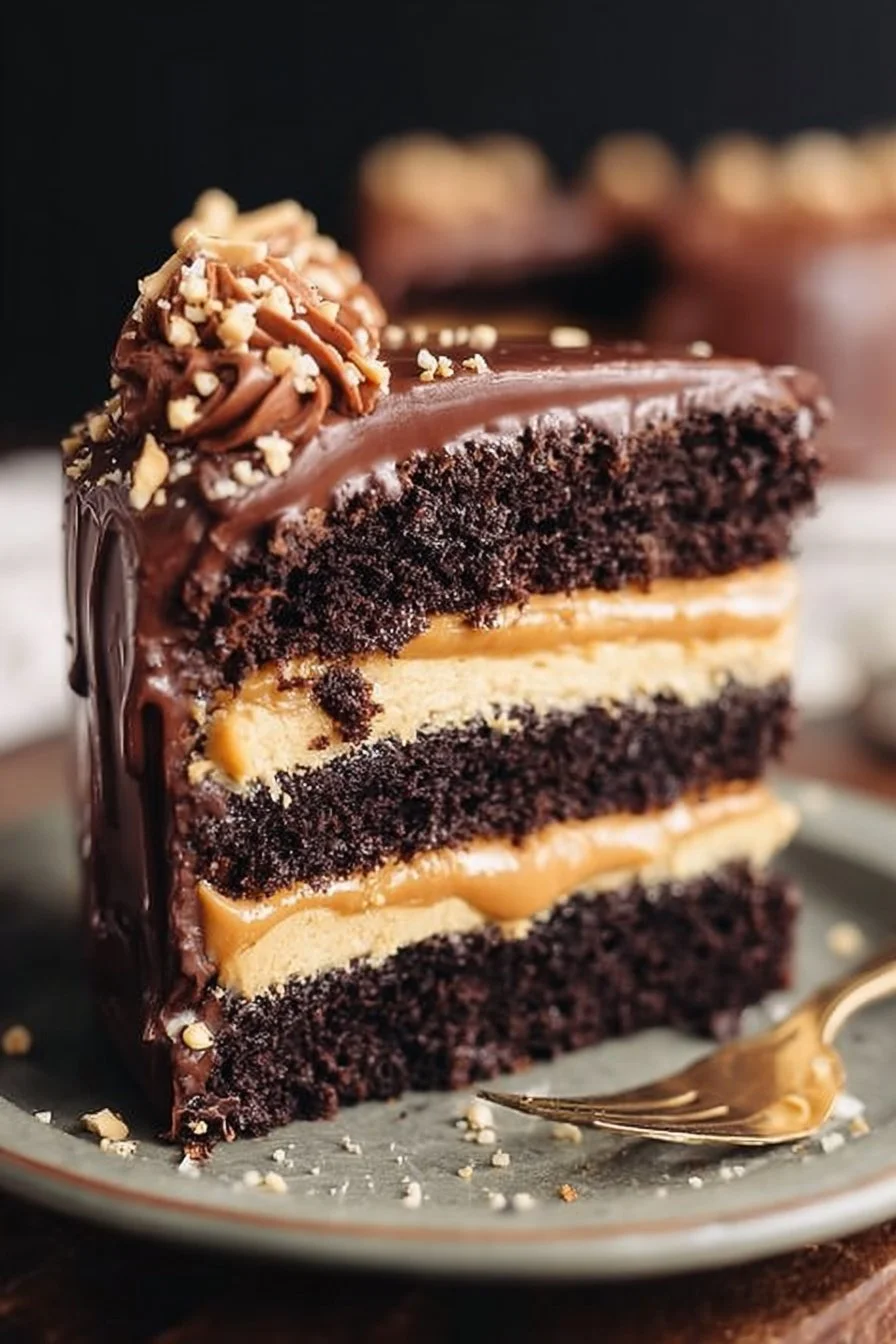 Delicious peanut butter chocolate layer cake with rich chocolate frosting and layers