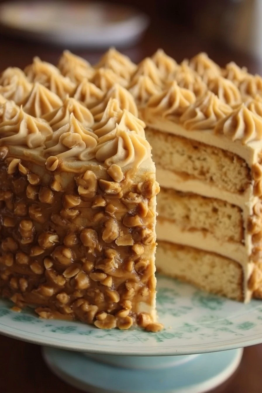 Delicious Peanut Butter Layer Cake with peanut topping