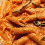 Delicious Penne with Vodka served in a bowl with fresh basil and parmesan.