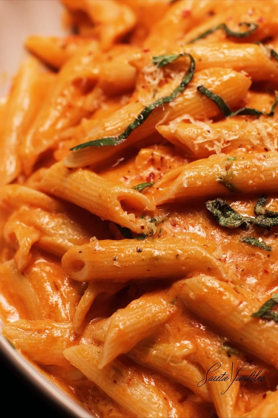 Delicious Penne with Vodka served in a bowl with fresh basil and parmesan.