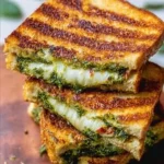 Pesto grilled cheese sandwich with melted cheese and vibrant pesto spread.