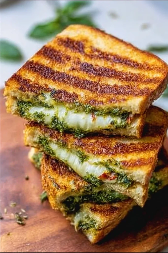 Pesto grilled cheese sandwich with melted cheese and vibrant pesto spread.