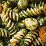 Colorful bowl of Pesto Pasta Salad with fresh vegetables and pesto dressing