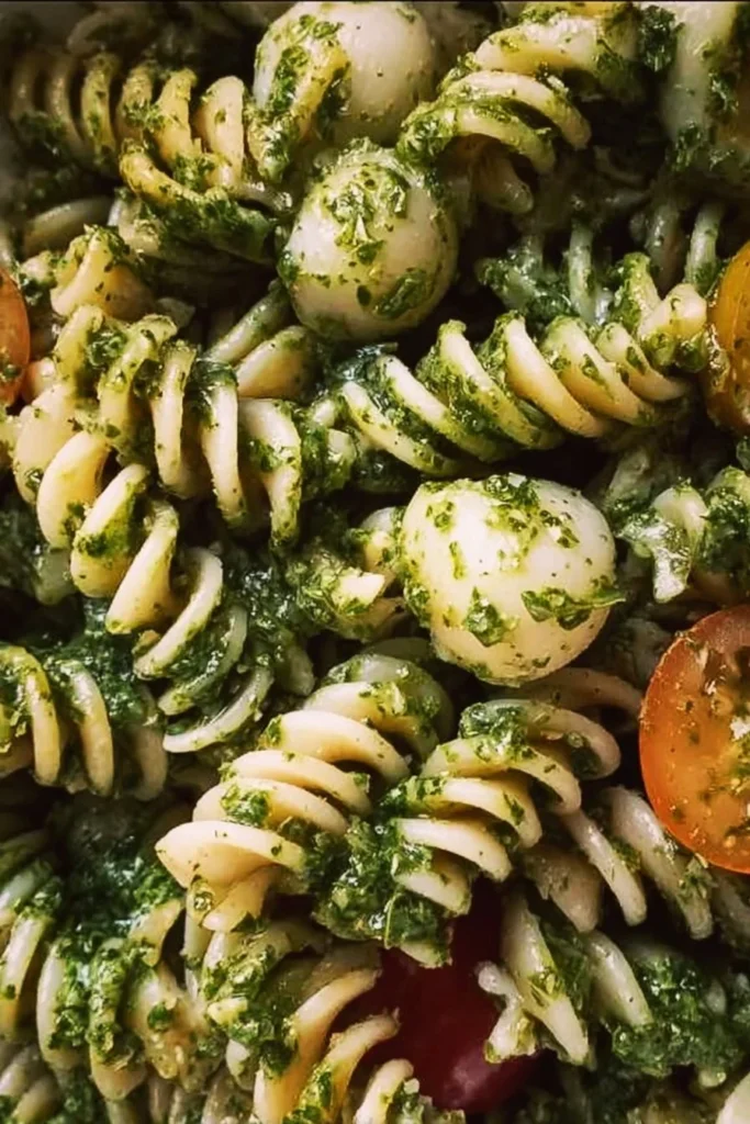 Colorful bowl of Pesto Pasta Salad with fresh vegetables and pesto dressing