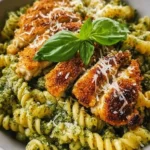 Pesto pasta served with crispy Parmesan chicken on a plate