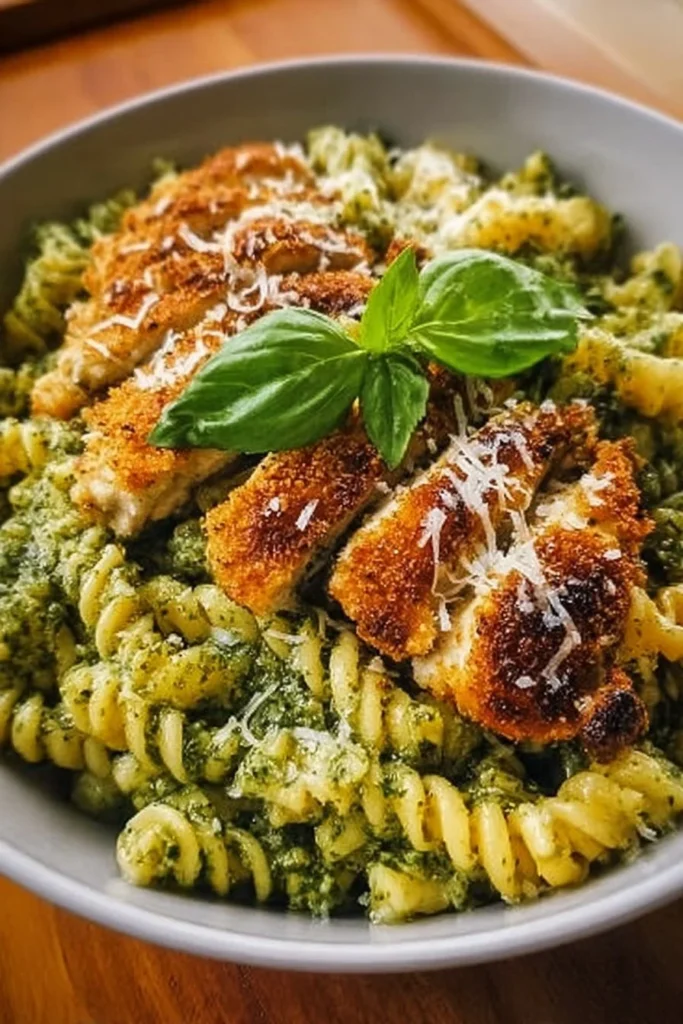 Pesto pasta served with crispy Parmesan chicken on a plate
