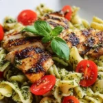Pesto pasta with grilled chicken, showcasing vibrant colors and fresh ingredients.