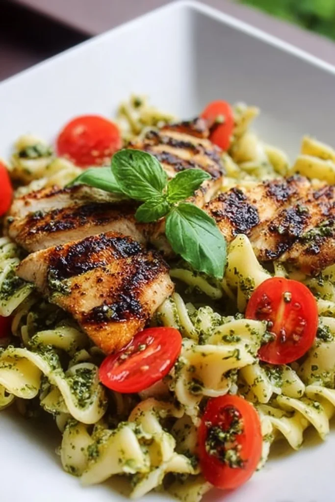 Pesto pasta with grilled chicken, showcasing vibrant colors and fresh ingredients.