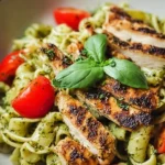 Pesto pasta with grilled chicken served on a plate